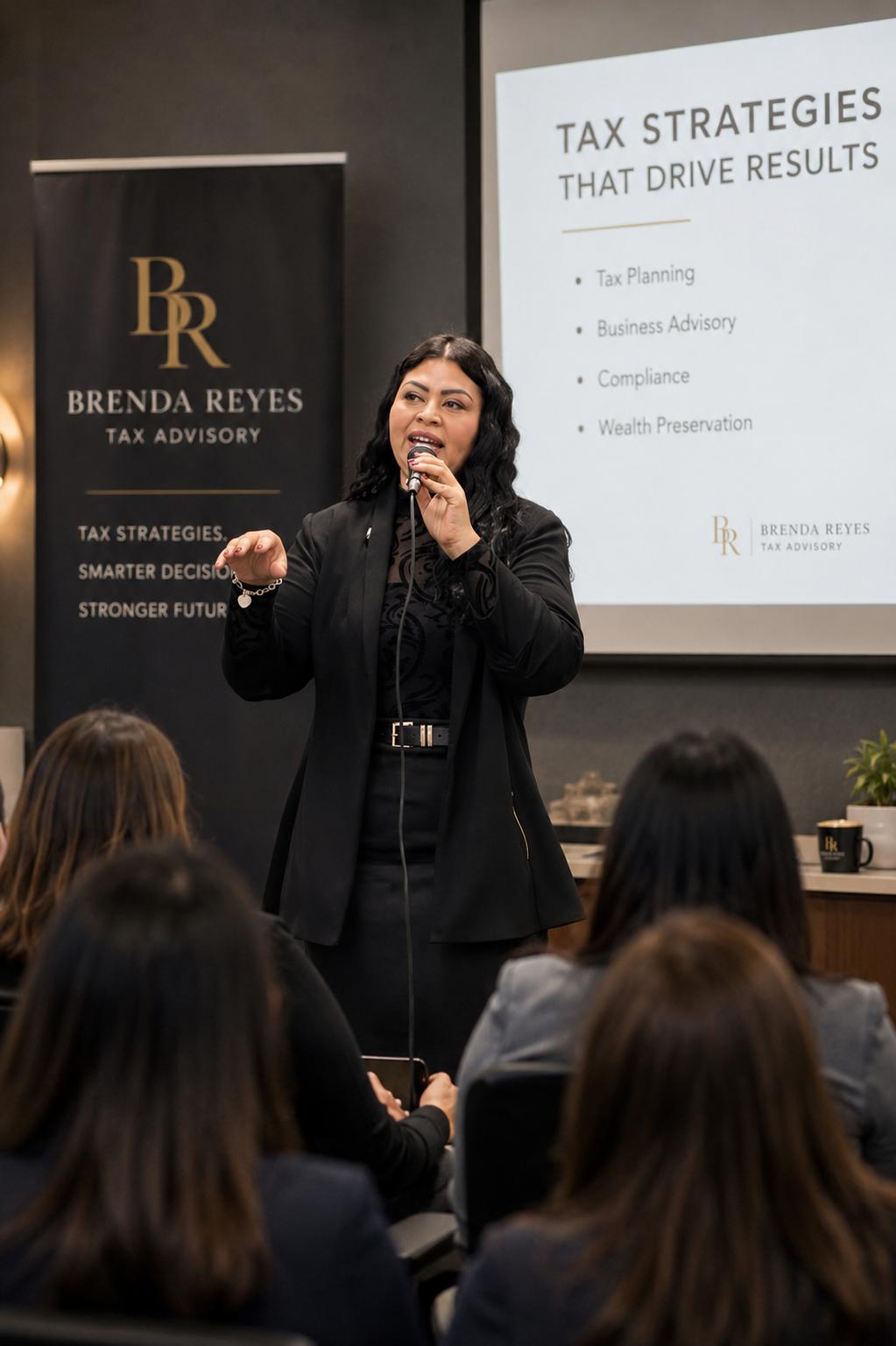 Brenda Reyes speaking at a professional event